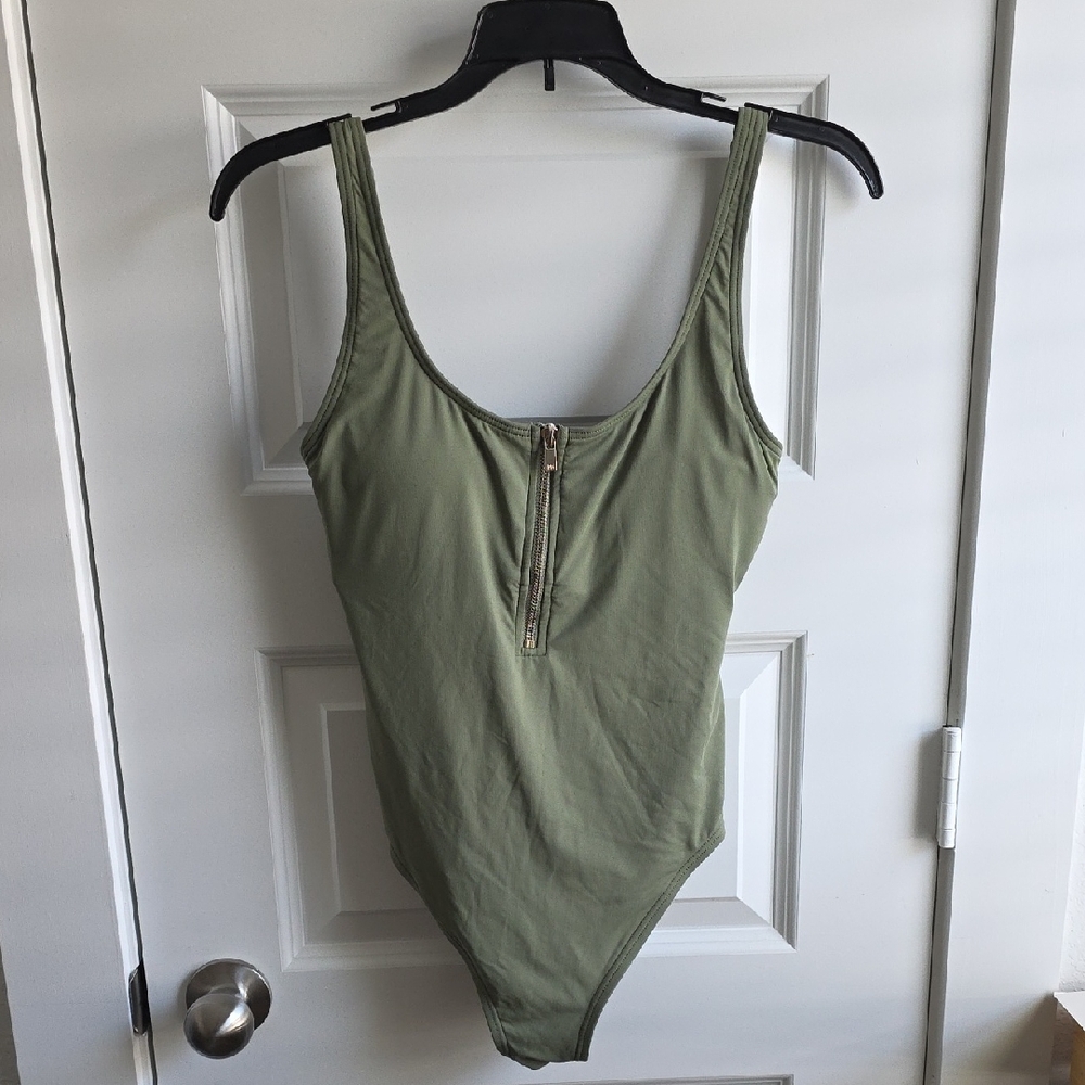 MICHAEL Michael Kors Olive Green Zip Front One Piece Swim Size 10 G199